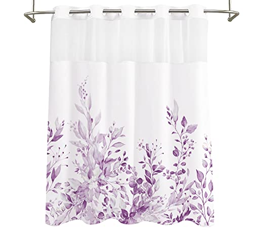 Tititex No Hooks Snap in Liner Lilac Light Purple Eucalyptus Leaves Shower Curtain, Hotel Luxury Double Layers Waterproof Fabric & See-Through Top Window Bathroom Decorative 72x72 Inch