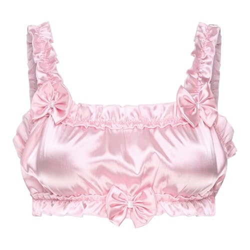 Satini Sissy Frilly Ruffled Fitted Silky Satin Lingerie Bralette (Baby Pink, XXL)