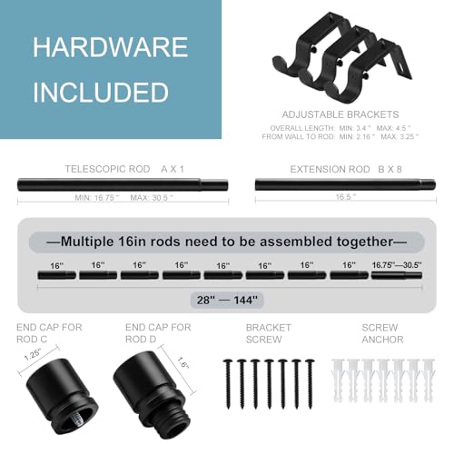 Image of Byondeth Curtain Rods for Windows 16 to 144 Inches 2 Pack Adjustable Length 1 Inch Diameter Window Curtain Rod with Aluminium Finials, Black