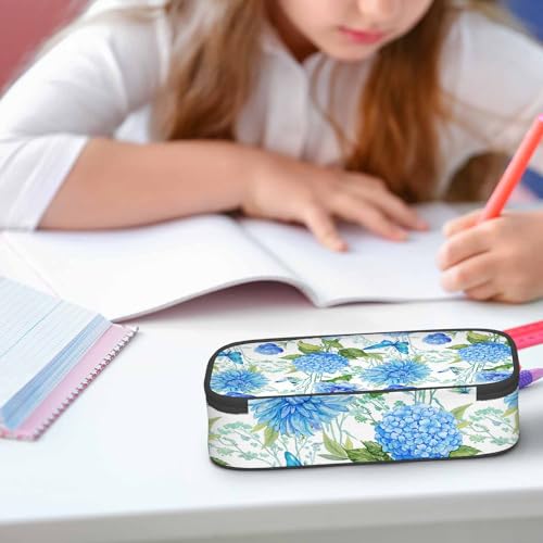 Image of Blue Flower Pencil Holder Bag Hydrangea Butterflies Floral Green Leaves Pencil Case College Office School for Teens Boy Girl
