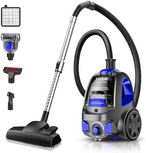 Canister Vacuum Cleaner, 40Kpa 1600W Cyclon Power Bagless Canister Vacuum Cleaners for Home, 3.7QT Large Dust Cup, Lightweight Vac for Hard Floors, Carpets, Pet Hair, Blue