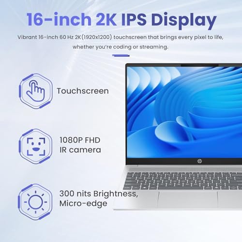 Image of HP Omnibook 5 16 inch 2K Touchscreen Copilot+ Laptop, AMD Ryzen AI 7 350, 16GB RAM 1TB SSD, HDMI, Wi-Fi 6, Bluetooth 5.4, Backlit Keyboard, Webcam, 256gb 9H Docking Station, Windows 11 Pro, Silver