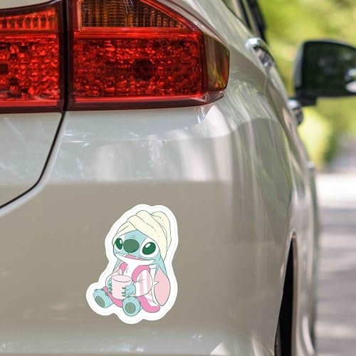 Image of Disney Lilo and Stitch in Pastel Colors Adhesive Vinyl Decal - Fun Stitch with Coffee Sticker