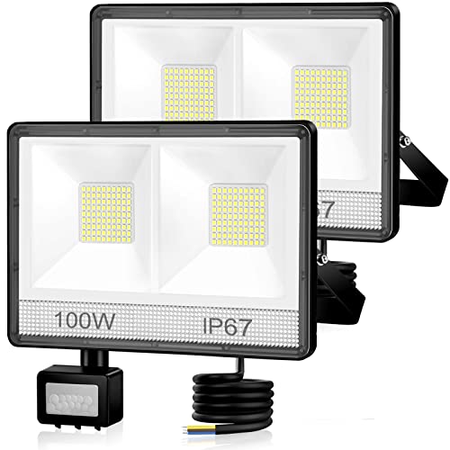 YIQIBRO 100W Projecteur LED Exterieur Detecteur de Mouvement 2 Pièce, 2 en 1 IP67 Étanche Spot LED Avec Détecteur, 10000LM 7000K Blanc Froid Eclairage Exterieur, Lampe Exterieur pour Jardin Terrasse