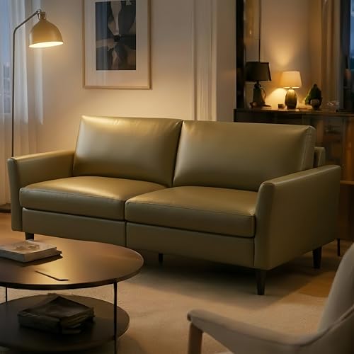 Image of Kingfun 58 inch Faux Leather Loveseat Sofa, Mid Century Modern Leather Couch for Living Room, Small Love Seat for Small Spaces, 2-Seater Mini Sofa with Rolled Arms and Deep Seats, Olive Green