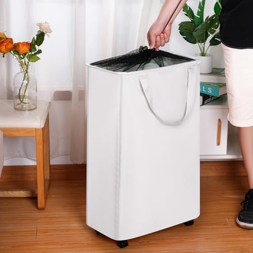 efluky Slim Laundry Hamper with Wheels, Rolling Laundry Basket for Clothes, Small Laundry Basket for Bedroom, Dorm and Laundry Room, 75L (19.8 Gallons) White