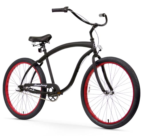 Firmstrong Bruiser 3 Speed - Men's 26-Inch Beach Cruiser Bike, Matte Black/ Red Rims