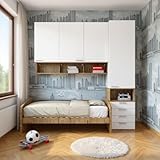 Sinistra MOBILFINO CAMERETTE Cameretta a Mezzo Ponte con Divano Letto, Armadio e cassettiera - Bianco e Quercia, Sinistra