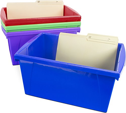 Image of Storex Classroom Storage Bin, 5.5 Gallon (21 Liter) Color Plastic Storage Containers, Assorted Colors, 16.75 x 8.25 x 11.9 Inches, 12-Pack (61475U03C)