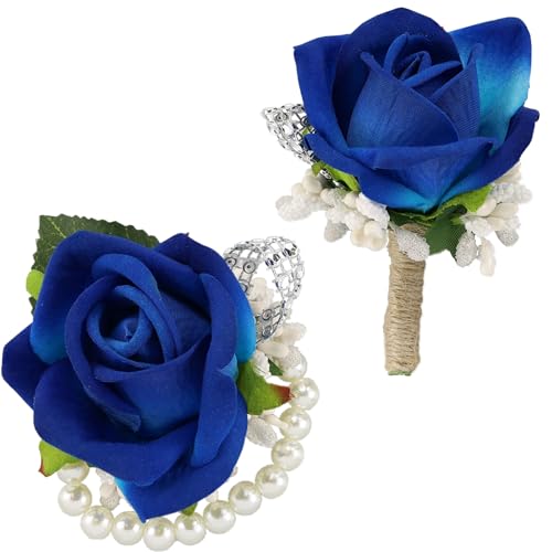 SITUMEIZI 2Pcs Blue Corsage and Boutonniere Set Corsage Wristlet for Prom Decor Boutonniere for Men Wedding Flowers Accessories Party Suit Decoration(Athens Blue)