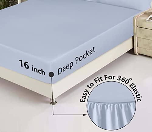 Ruvanti 100% Cotton Sheets For Queen Size Bed - Crispy Cooling Percale Sheets - Breathable & Durable Queen Sheet Set - 16 Inches Deep Pocket Queen Size Sheets - Pastel Blue - 4 Pieces #TOP3