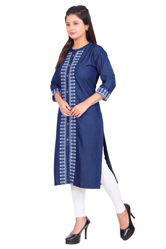 Image of Women's Denim Kurti with White Embroidery, Side Pocket & 3 /4th Sleeves - Casual & Office Wear (Blue K - 684)