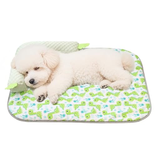 犬 猫 ベッド 夏 ひんやりマット 冷却マット ペット用マット 夏用 枕付き 滑り止め 折り畳める 防水 冷感クールマット ひんやりシート 通気性 手洗い お手入れ簡単 熱中症 暑さ対策 繰り返し利用可能 小中型 (グリーン, S)