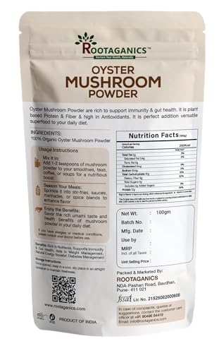 Image of Rootaganics Organic Oyster Mushroom Powder 100g | 100% Pure, No Additives | Rich in Beta-Glucans & Natural Umami | Plant Protein & Fiber | For Soups, Gravies, Smoothies, Tea | Vegan & Lab-Tested