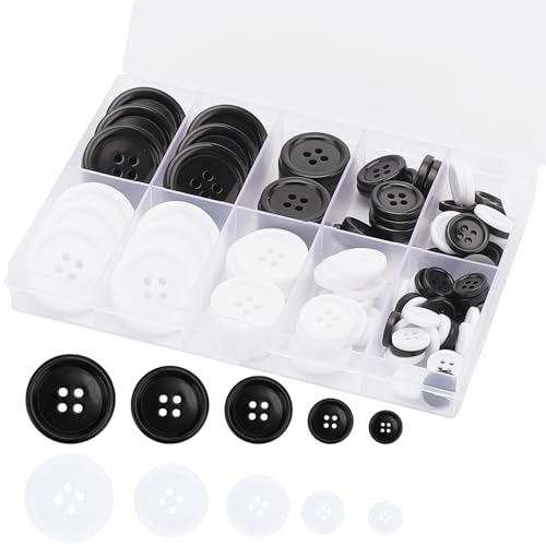 Premium 100 Pcs Resin Sewing Buttons, Eco-Friendly 4-Hole Craft Buttons, 5 Sizes of Black Round Mixed Buttons Suitable for Sewing, DIY and Holiday Decoration(Black & White)