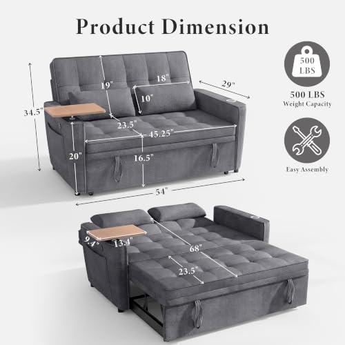 Image of Dreamzie 54'' Convertible Sleeper Sofa Bed with Swivel Side Table, Chenille Pull Out Couch for Living Room, Loveseat Sleeper Couch with Side Pocket | Charging Port | Cup Holder, Dark Grey