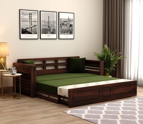 Image of Mamta Furniture Sheesham Wood Foster 3 Seater Sofa Cum Bed for Living Room Three Seater Sofa Bed for Home Sofa Com Bed Sheesham Wood |(Walnut Palm Leaf Stripes)