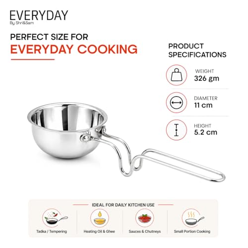 Image of Shri & Sam Everyday 11cm /300ml Tri-Ply Stainless Steel Tadka Pan with Stand-Handle | Gas & Induction Compatible | Heavy Gauge | Long Wire Handle for Cool Grip