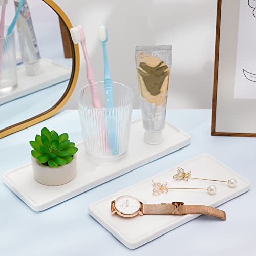 JOELELI 2 Stück Keramik Tablett, Schale Badezimmer Tablett Weiss Gro mit Gummifüßen Bad Tablett Klein Organizer Matt Vanity Tray Waschbecken Lagerung Kosmetik Halter für Tücher Kerzen Handtuch Seife