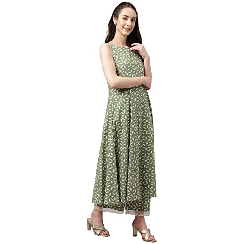 Image of FIORRA Women's Ferm Green Pure Cotton Flared Kurta, Palazzo & Dupatta