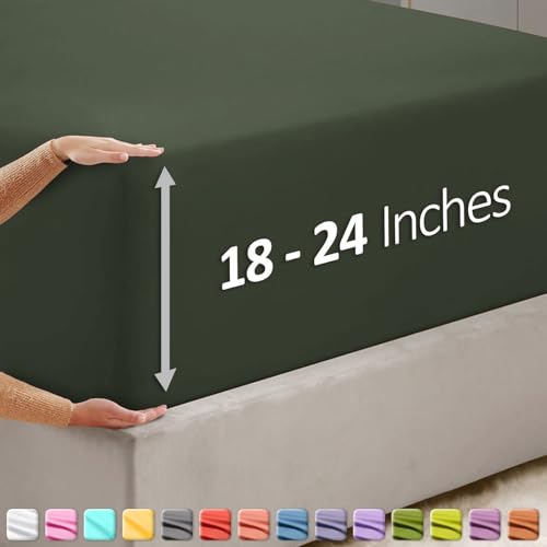 Image of Hearth & Harbor Extra Deep Pocket King Fitted Sheet - Fits 18 to 24 Inch Mattress - Ultra Soft 1800 Microfiber, Wrinkle-Free & Breathable - Hotel Luxury Fitted Sheet Only, Olive Green