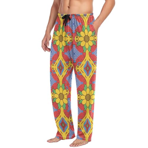 Men’s Mexican Ceramic Tile Pattern Pajama Pants with Pockets, Comfortable Lounge Sleep Bottoms#1104