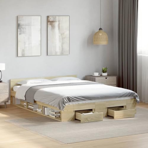 zylophax Estructura de cama con cajones de roble Sonoma, 135 x 190 cm, material de madera con somier y espacio de almacenamiento, cama familiar estable, marco de cama con dos cajones para cama juvenil