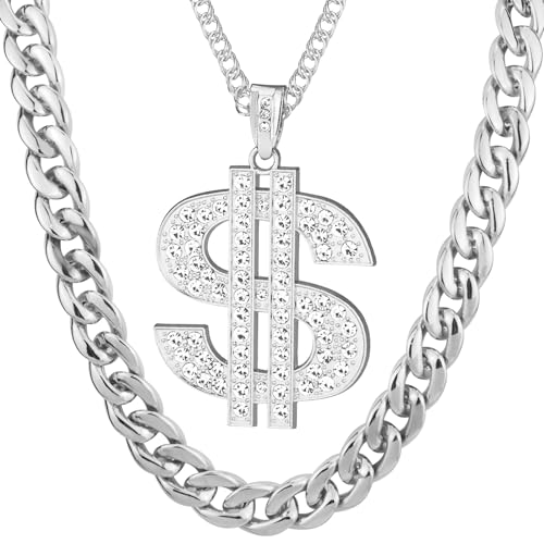 Riuziyi 2 Pcs Dollar Sign Pendant Necklace Plastic Fake Chain Set Small Acrylic Hip Hop Rapper Faux Chunky Chain for 80s 90s Costume Jewelry Punk Style for Men Women (Silver)