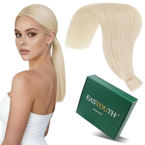 Image of Easyouth 18 Inch Ponytail Hair Extensions Blonde, Wrap Around Ponytail Extension White Blonde, 80G Human Hair Pony Tail Extension, for Short Hair