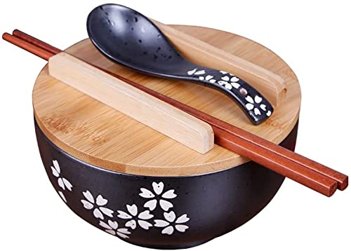 FINLALO Stoviglie per Cucina Giapponese, Ciotola per Zuppa in Ceramica Nera con Coperchio, Ciotola per Tagliatelle Coreane, Forniture da Cucina per la Decorazione Domestica del Ristorante della Mensa