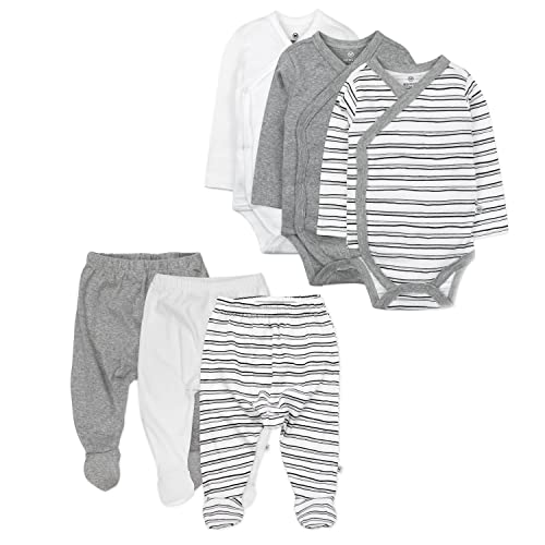 Image of 6 Pack Organic Cotton Long Sleeve Side Snap Kimono Bodysuits and Footed Pants Multi Pack