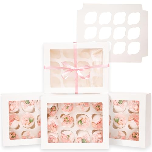 Gcardist Auto-pop Up 12 Cupcake Boxes with Window White 6 Packs Cupcake Box 33x25.4x9cm Bakery Boxes For Cupcakes Carrier Cupcake Containers (13x10x3.5 inch)
