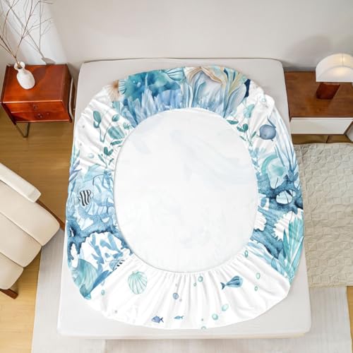 Image of jejeloiu Sea Animal Bed Sheets Set King Size Whale Turtle Fish Bed Set for Kids Boys Girls The Sea Marine Animal Deep Pocket Fitted Sheet Summer Breathable Soft Lightweight Microfiber