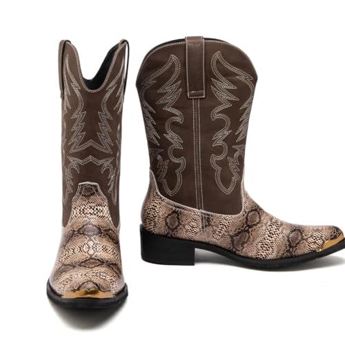 Image of Men's cowboy boots round toe boots embroidered with traditional Western country artificial snakeskin pattern