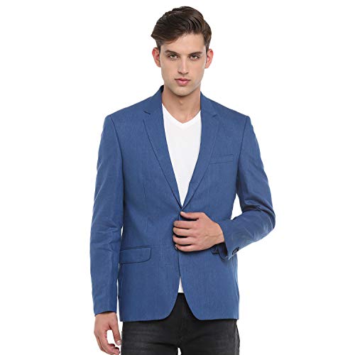 Image of Linen Club Men Navy Blue-Regular Fit-Solid-Single Breasted-Blazer