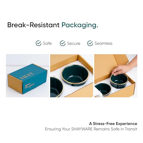 Image of Shay Ceramic Dinner Bowl Set of 4 for Rice, Dal, Salad, Snacks, Fruits & Noodles | Teal with Gold Rim | Microwave Safe Ceramic Serving Bowls for Home, Kitchen & Gifting (Bowl Set of 4 - Teal Gold)