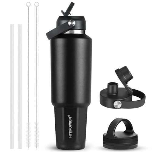 Image of HYDROWION 40 oz Insulated Water Bottle, Car Water Bottle Holder - Double Wall Vacuum Insulated Travel Bottle with Straw Lid, Spout Lid and Flex Cap - Cold for 24H, Hot for 12H, Black