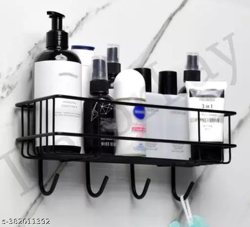 Image of Bathroom Rack - Bathroom Shelves - Kitchen Storage - Multipurpose Rack and Shampoo Holder with 4 Hook - Adhesive Shower Caddy Metal Shelf Without Drilling (Black)