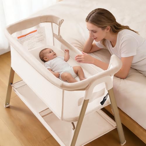 cozydwells Next to Me Crib 3 in 1 Baby Beside Crib for Babies from Birth to 9kg Portable Travel Cot Bed with Wheels Storage Mosquito Net and Matress Baby Co-Sleeper for Newborn Infant Beige
