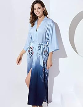 Prodesign Damesochtendjas van satijn, kimono, lang, met riem, effen, Wit, Eén maat