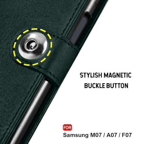 Image of TheGiftKart Flip Cover Back Case for Samsung Galaxy M07 / F07 | Genuine Leather Finish | Designer Button | Inbuilt Pockets & Stand | Wallet Style Flip Back Cover Case (Faux Leather, Green)