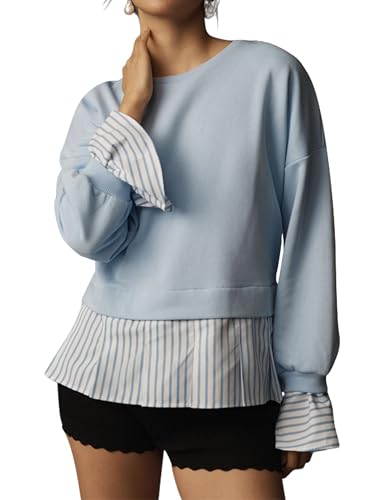 Striped Trim Twofer Sweatshirt For Women Crew Neck Long Sleeve Patchwork Pullover Sweater Outfits