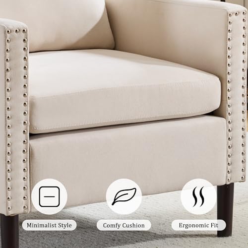 Sepnine Modern Accent Chair Mid-Century Linen Fabric Armchair for Living Room, Comfy Upholstered Club Chair Sofa Chair with Decorative Rivet Accents for Bedroom, Reading Room (Beige, 1 Pack)