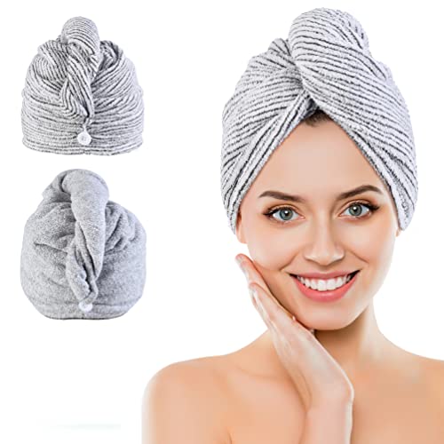 Mikrofaser Haarturban Haartrockentuch: 2 Pack Schnell Saugfähige & Große Twist Turban Plopping Luxe Haarhandtücher Anti Frizz Kopfwickel mit Knopf für Frauen Mädchen Kinder Langes Nasses Lockiges Haar Cover