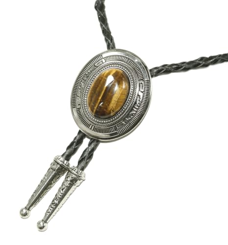Image of Moranse Bolo Tie with Natural Tiger Eye Stone Celtic Style Genuine and Cowhide Rope