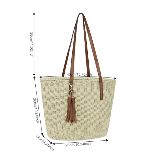 Image of Womens Large Straw Tote Bag Handmade Woven Shoulder Handbag Summer Beach Purse with Tassel