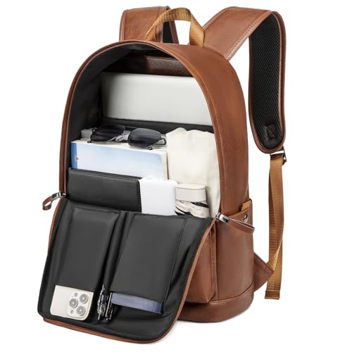 weiatas Leather Laptop Backpack for Men Women Work, Lightweight School Backpack Bookbag for College Students, Waterproof Casual Daypack Travel Computer Backpack fits 15.6 (Brown)2