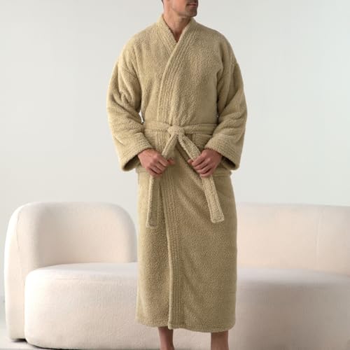 Lu's Chic Men's Billowy Fleece Bathrobe Belt Bath Robe Chic Calf Length Comfy Long Sleeve Home Cold Weather Nightwear3