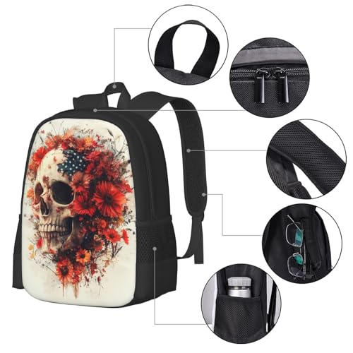 Image of Floral Skull Print Backpack For Men Women Lightweight Daypack For Daily Commutes Business Travel Hiking
