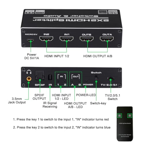 HDMI Switch Splitter 2 en 2 out compatible con 4K a 60Hz 6